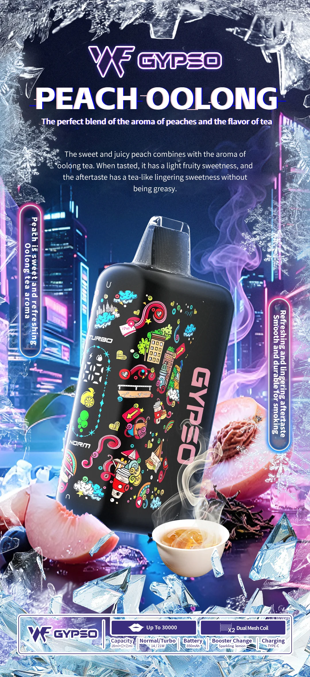 GYPSO 滿天星 30000口拋棄式電子煙 14W-21W雙模式雙功率(Normal/Turbo) Dual Mesh雙網芯 18ml巨量油艙 850mAh大容量電池 支援Type-C充電 台灣現貨秒發:圖片 7