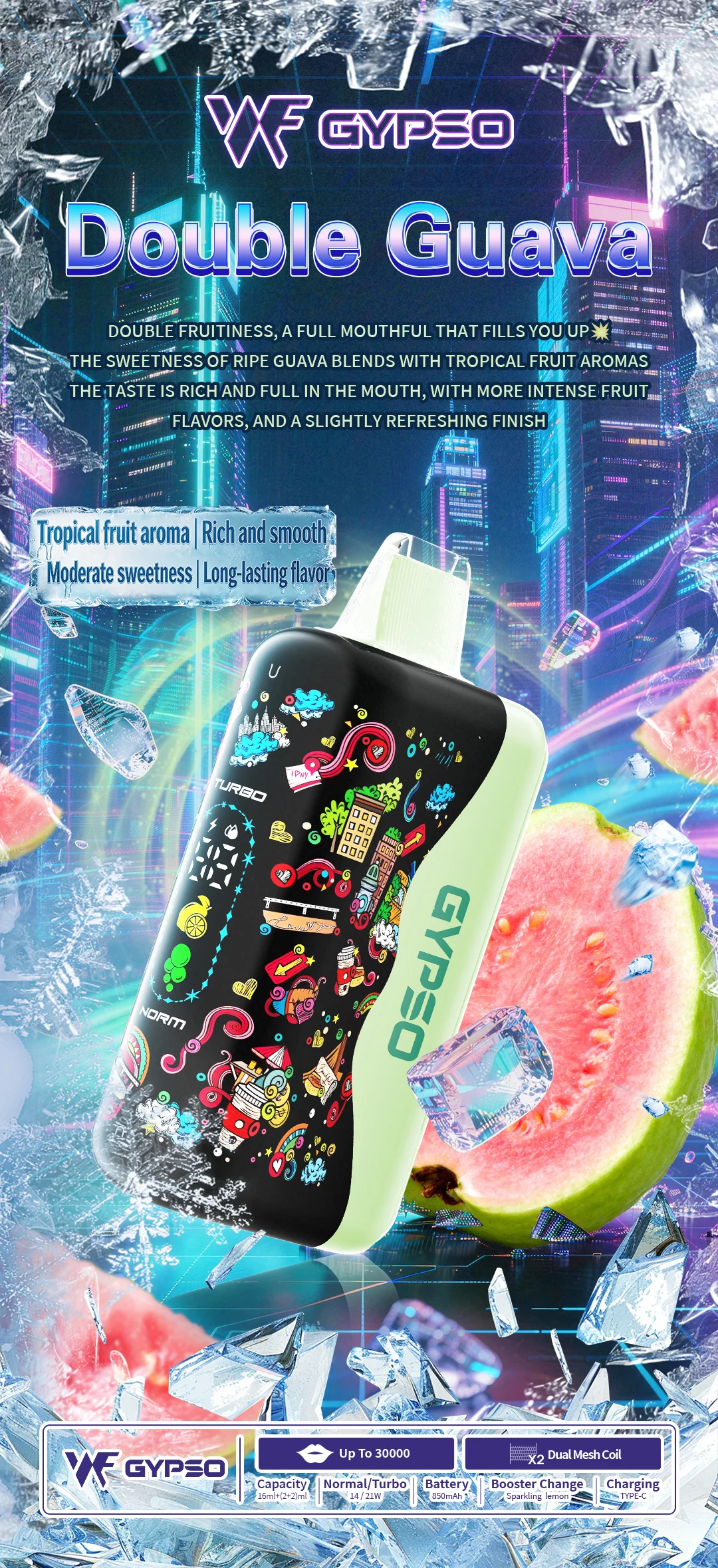 GYPSO 滿天星 30000口拋棄式電子煙 14W-21W雙模式雙功率(Normal/Turbo) Dual Mesh雙網芯 18ml巨量油艙 850mAh大容量電池 支援Type-C充電 台灣現貨秒發:圖片 6