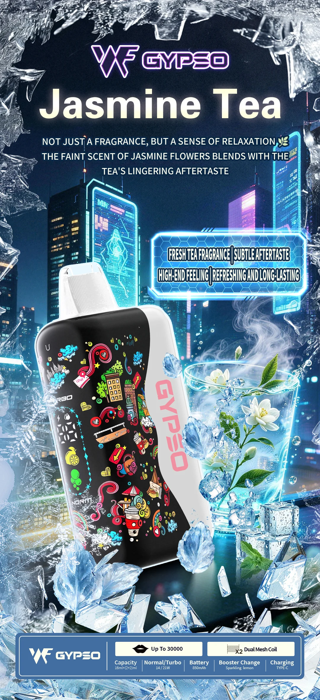 GYPSO 滿天星 30000口拋棄式電子煙 14W-21W雙模式雙功率(Normal/Turbo) Dual Mesh雙網芯 18ml巨量油艙 850mAh大容量電池 支援Type-C充電 台灣現貨秒發:圖片 8