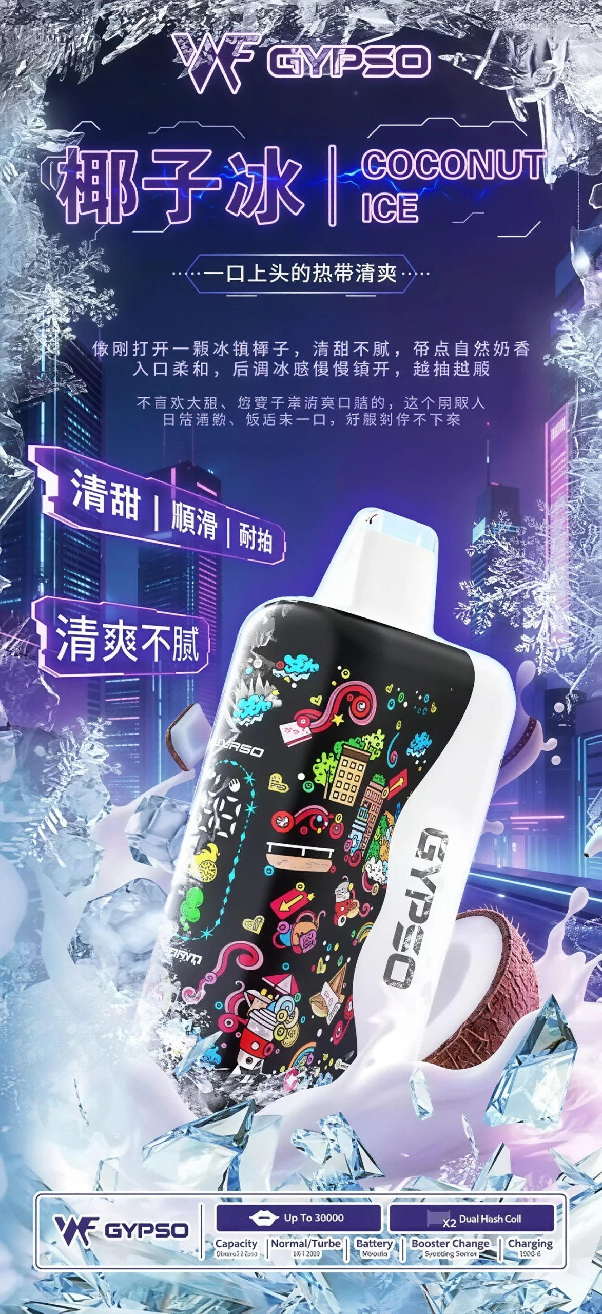 GYPSO 滿天星 30000口拋棄式電子煙 14W-21W雙模式雙功率(Normal/Turbo) Dual Mesh雙網芯 18ml巨量油艙 850mAh大容量電池 支援Type-C充電 台灣現貨秒發:圖片 4